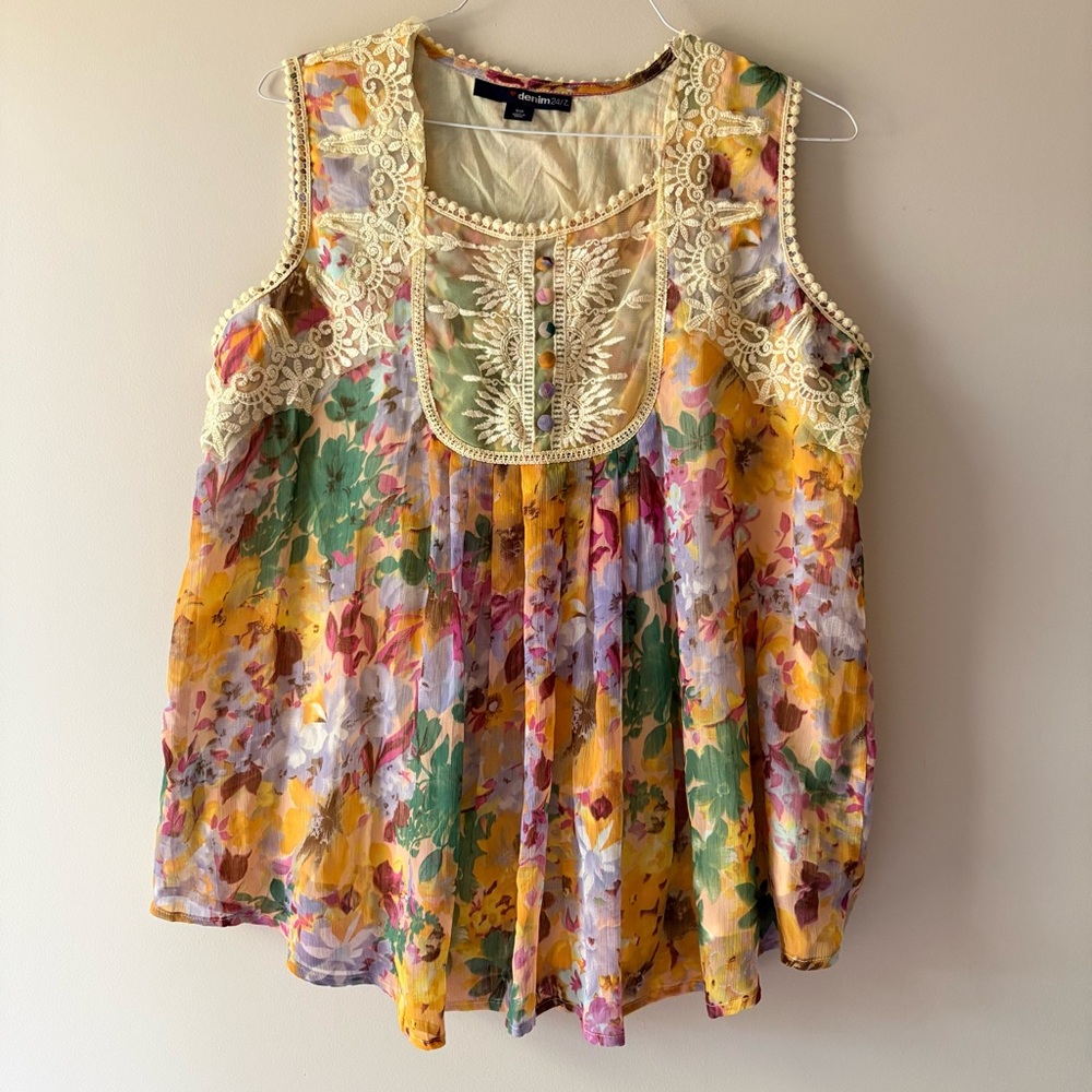 Denim 24/7 Women’s 16W Sheer Floral Blouse Top W Liner Lace Trim Boho Peasant